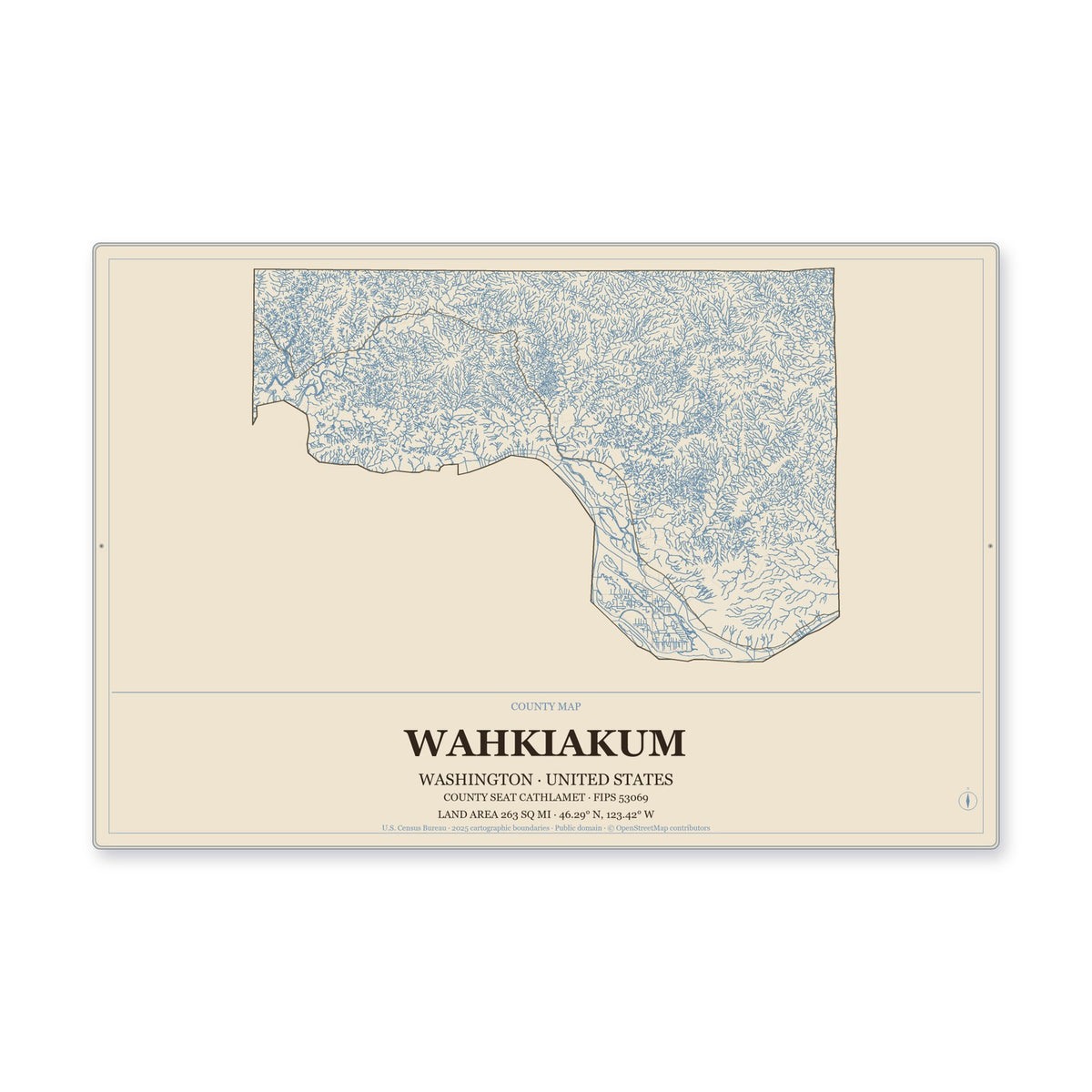 Wahkiakum County, Washington Map Aluminum Sign in Heritage Nautical style