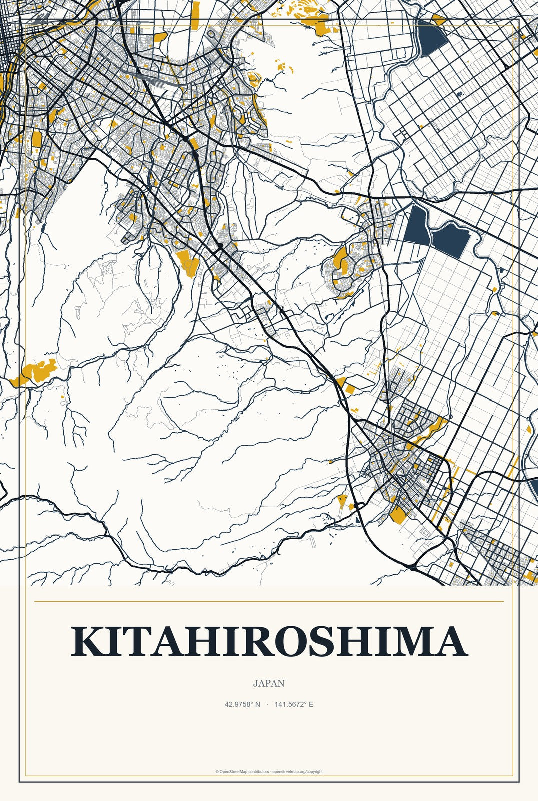 Kitahiroshima, Japan City Map Aluminum Sign in Citrine Modern style