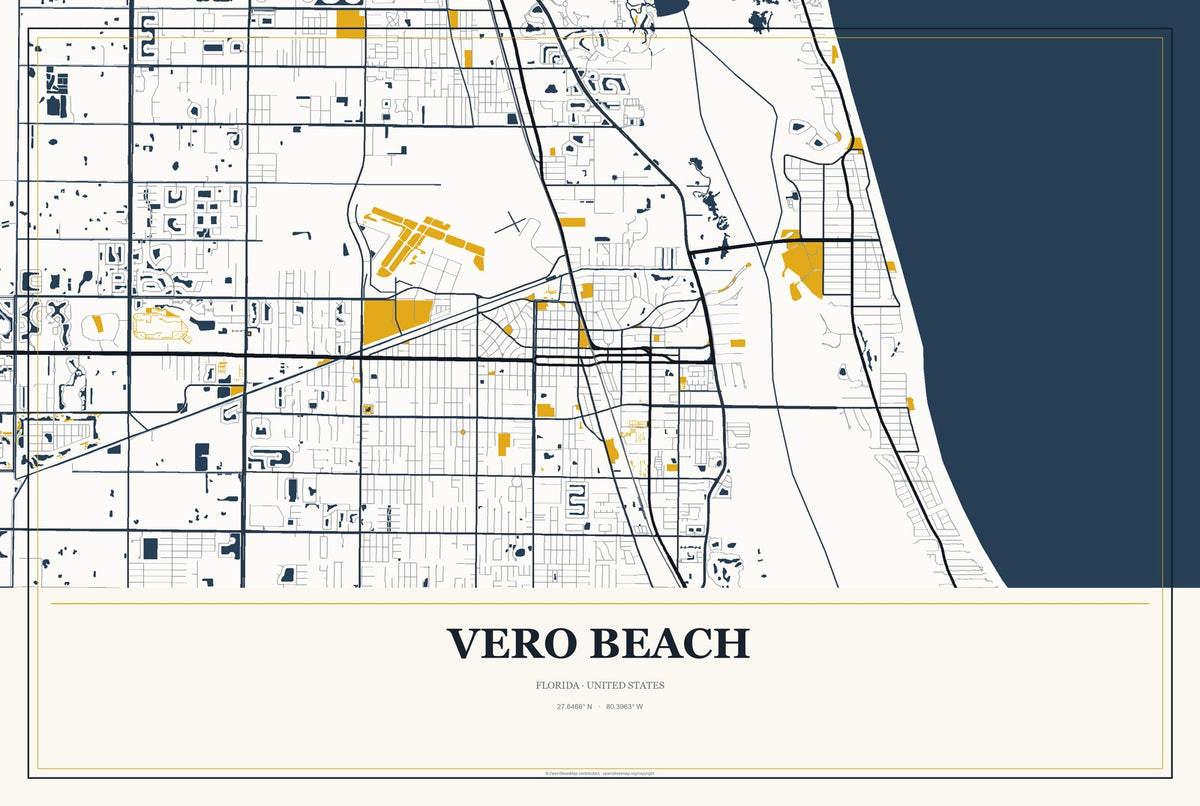 Vero Beach, Florida City Map Aluminum Sign in Citrine Modern style