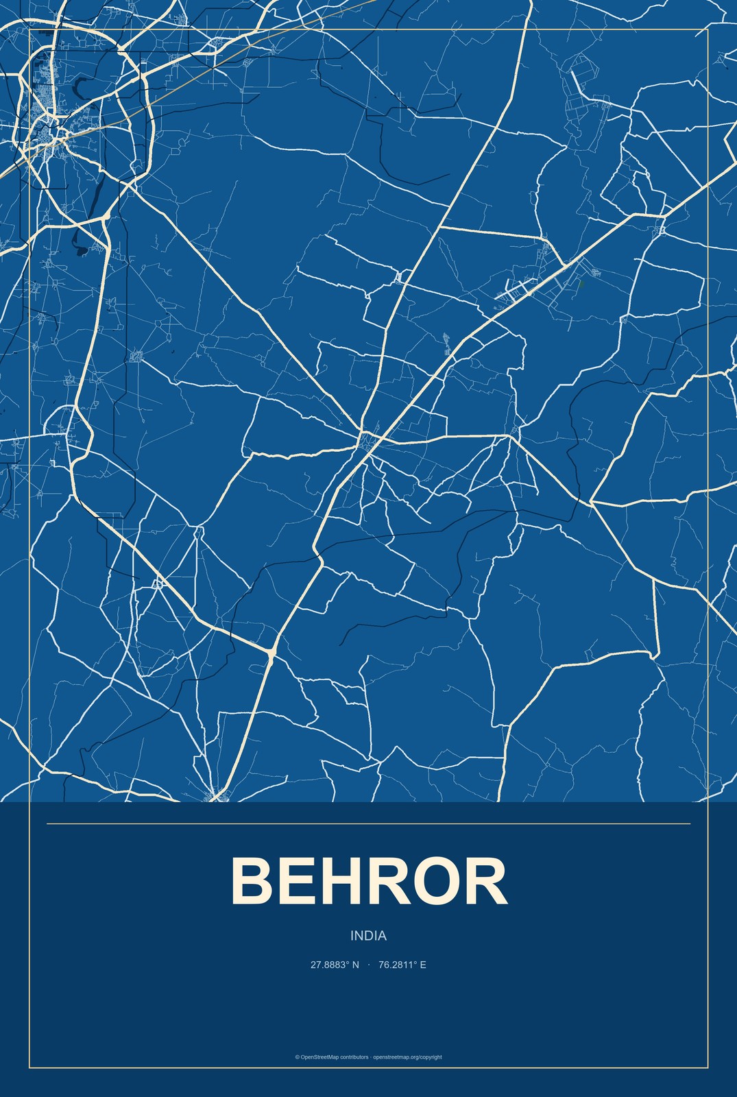 Behror, India City Map Aluminum Sign in Harbor Cobalt style
