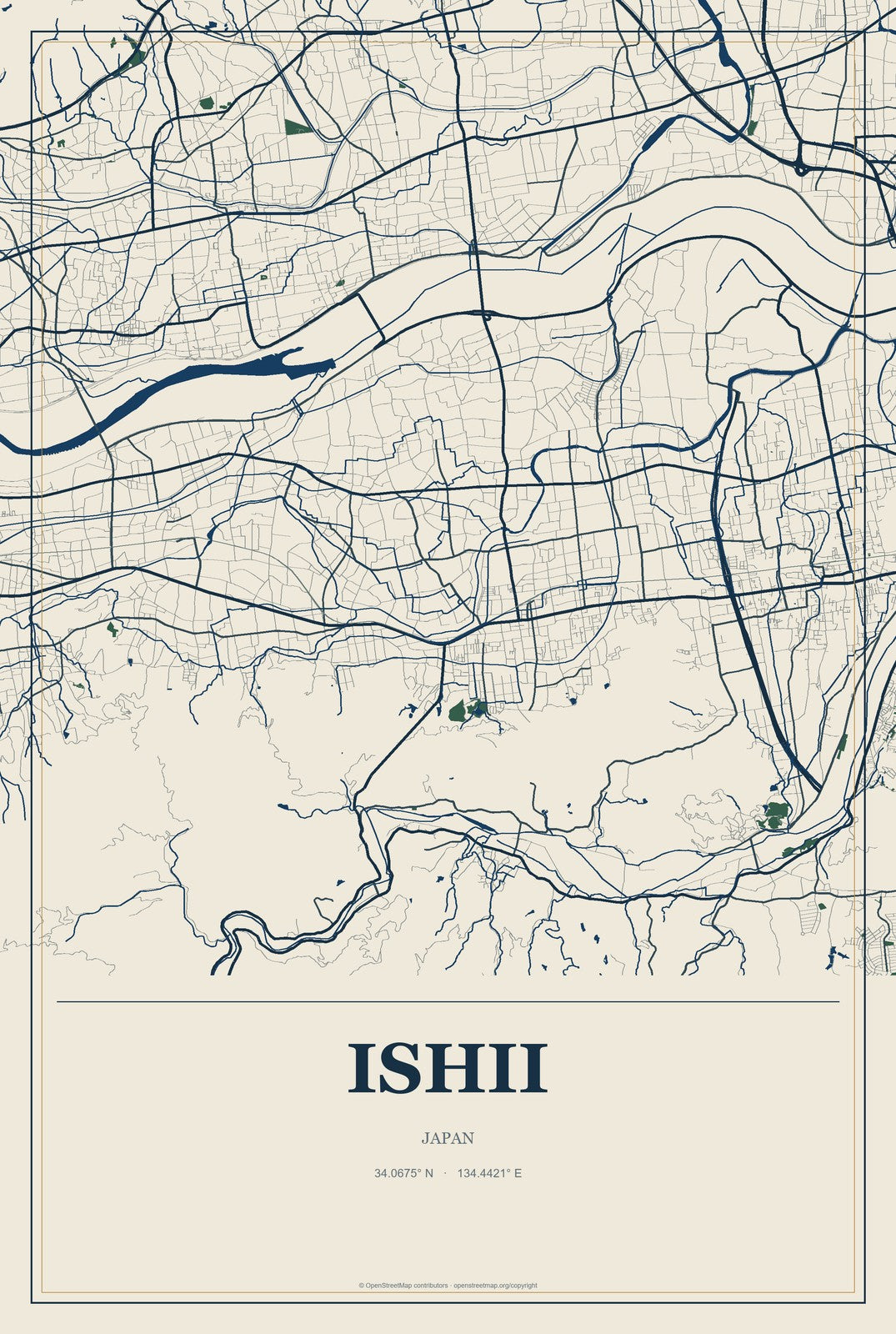 Ishii, Japan City Map Aluminum Sign in Coastal Cutout style