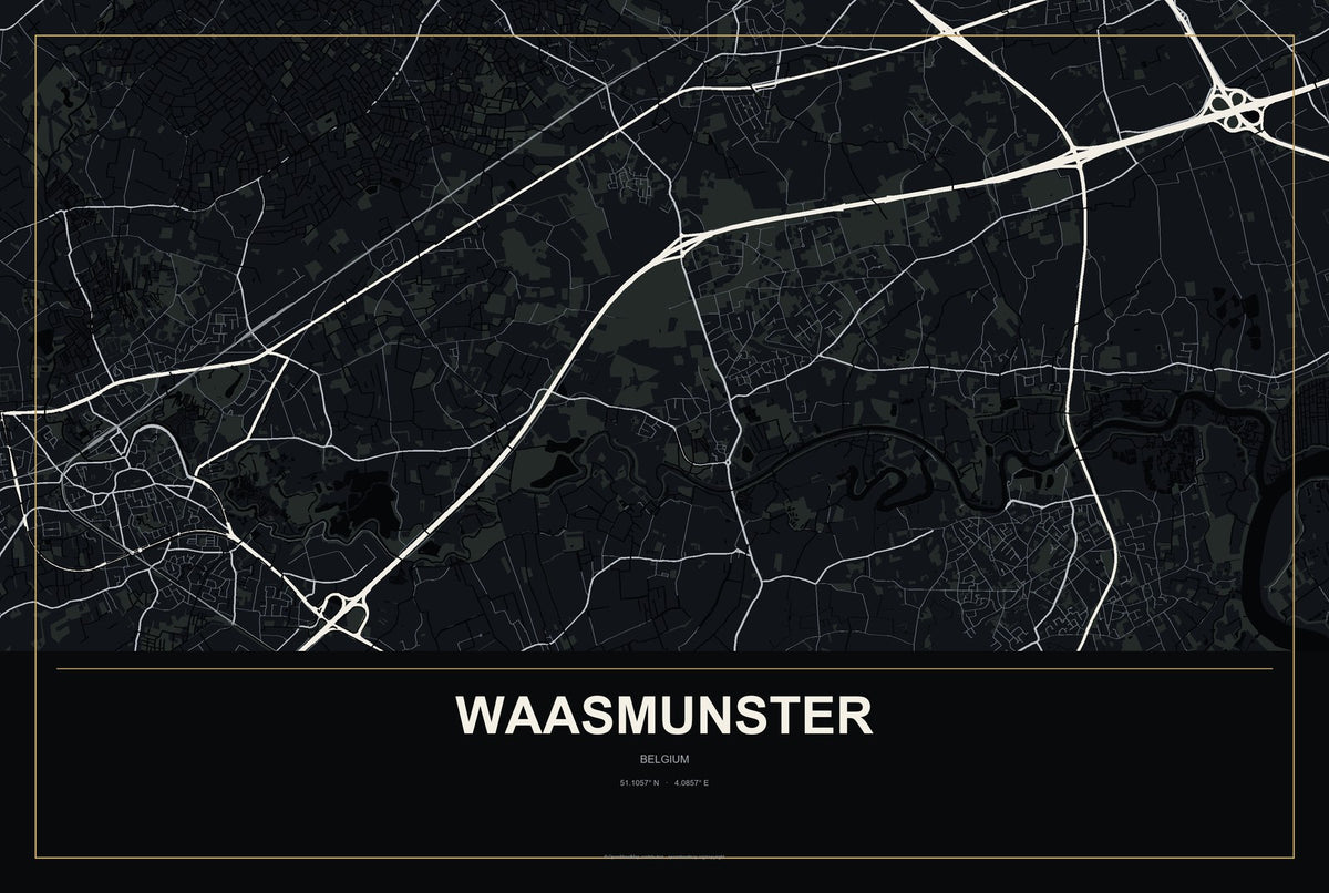 Waasmunster, Belgium City Map Aluminum Sign in Metropolitan Noir style