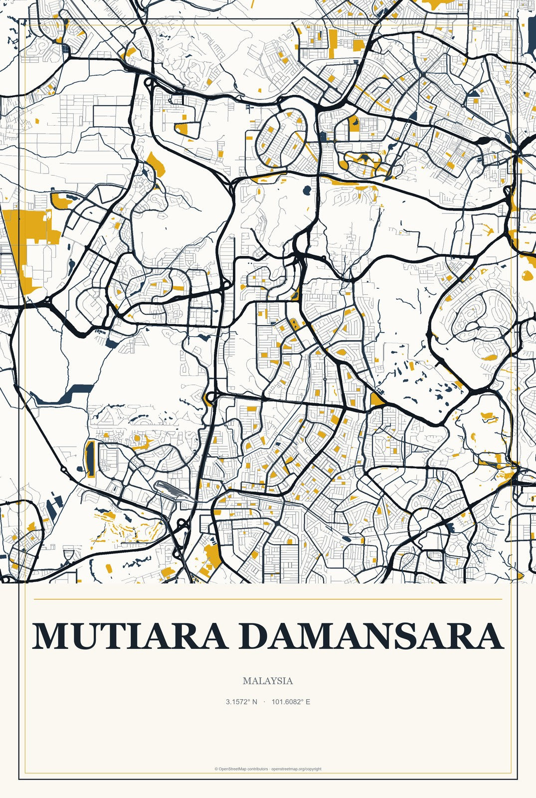 Mutiara Damansara, Malaysia City Map Aluminum Sign in Citrine Modern style