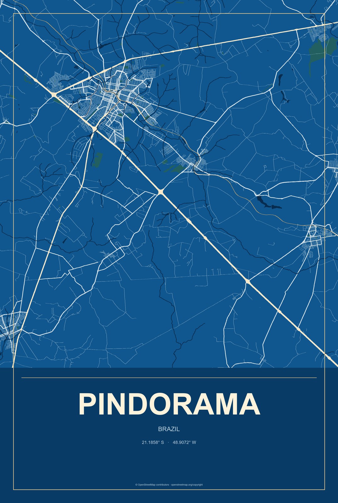 Pindorama, Brazil City Map Aluminum Sign in Harbor Cobalt style