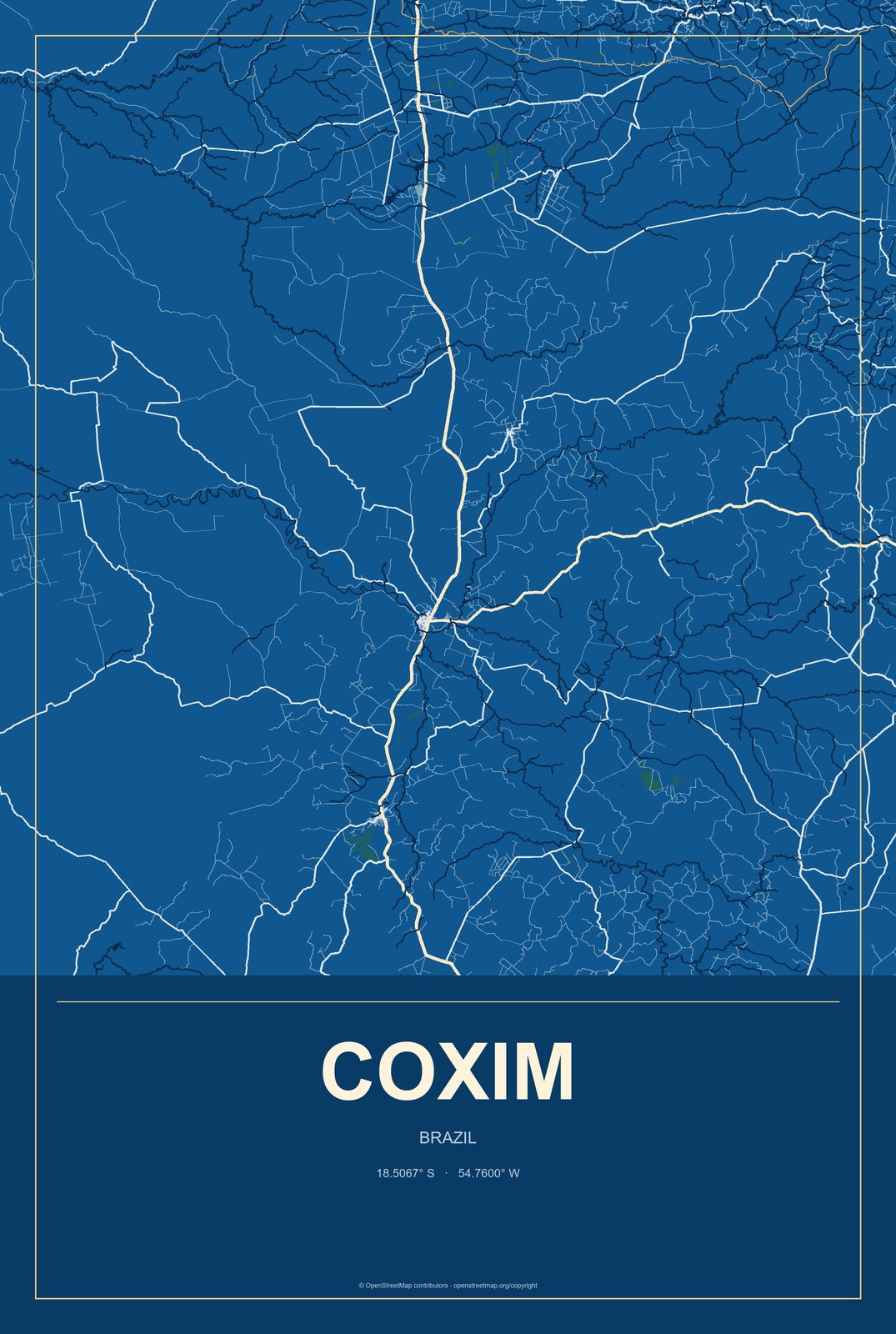 Coxim, Brazil City Map Aluminum Sign in Harbor Cobalt style
