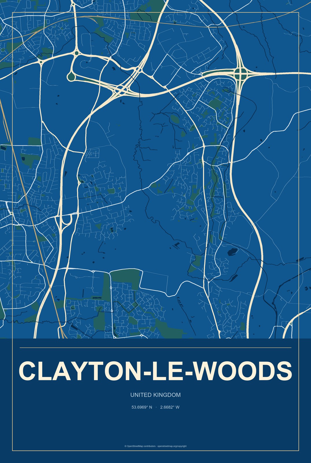 Clayton-le-Woods, United Kingdom City Map Aluminum Sign in Harbor Cobalt style