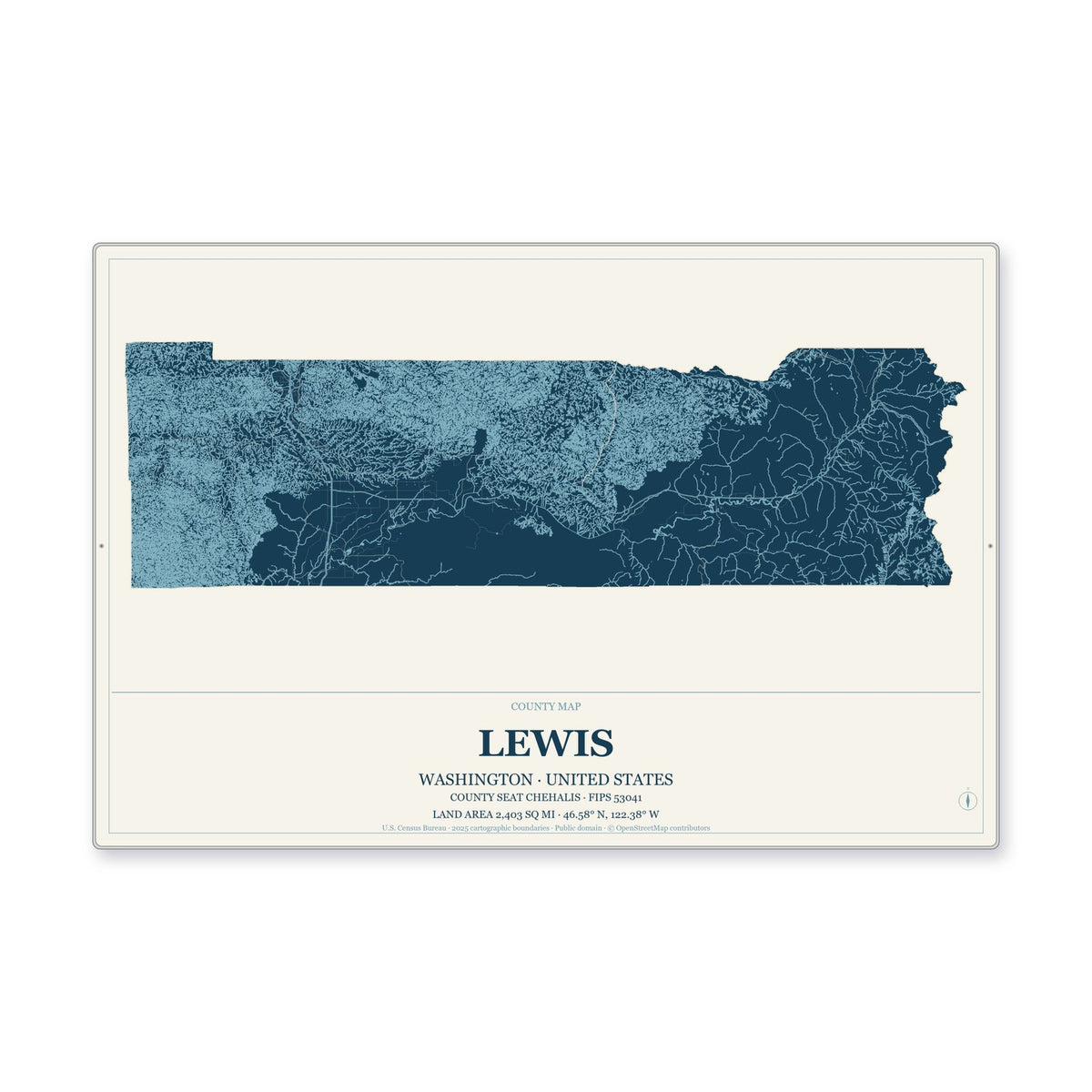 Lewis County, Washington Map Aluminum Sign in Coastal Cutout style