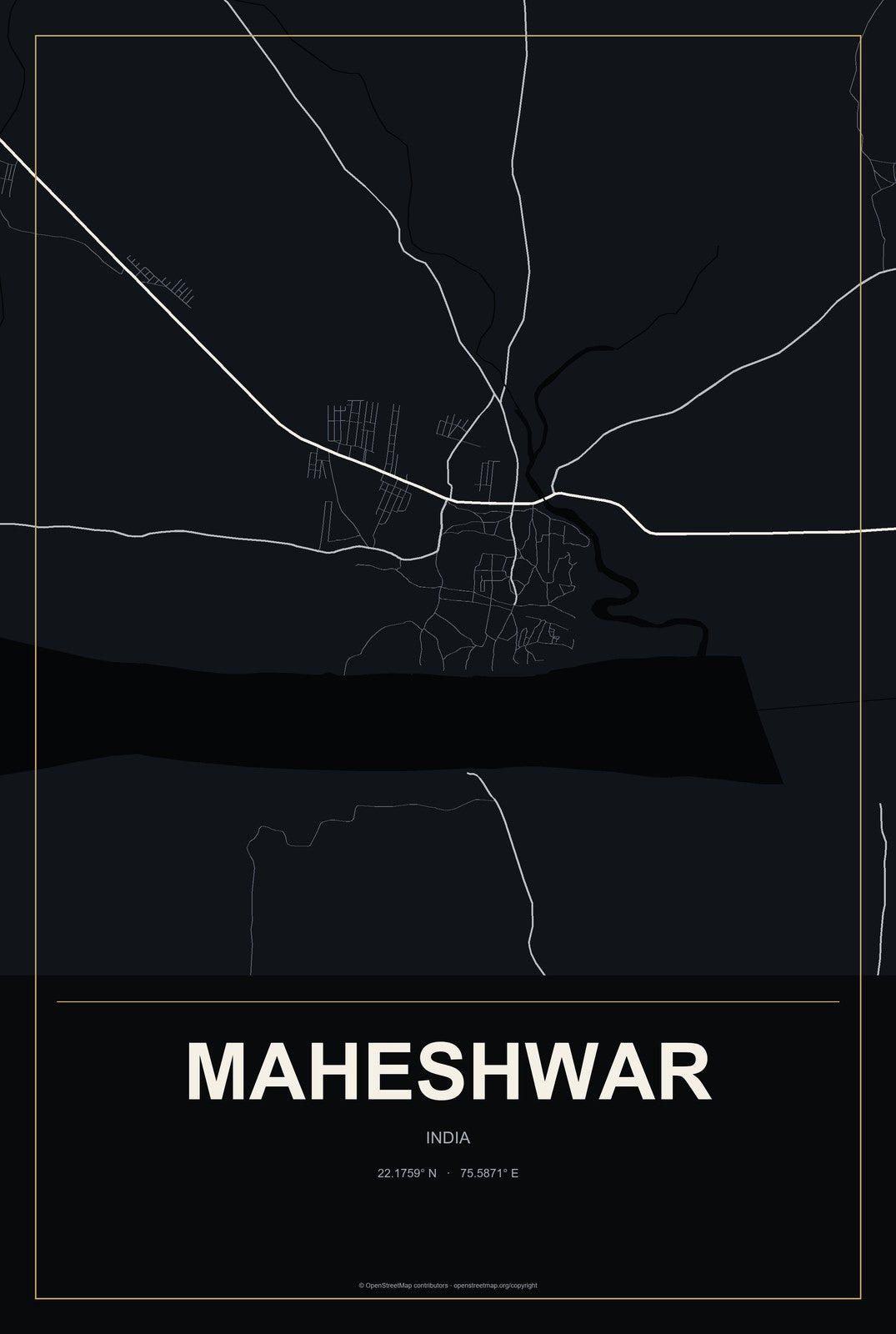 Maheshwar, India City Map Aluminum Sign in Metropolitan Noir style