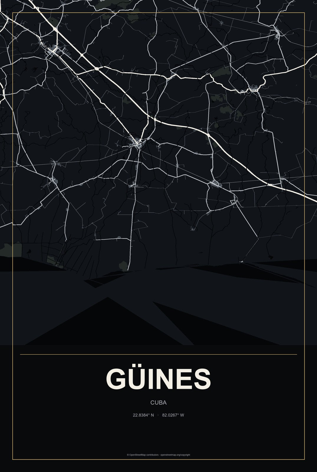 Güines, Cuba City Map Aluminum Sign in Metropolitan Noir style