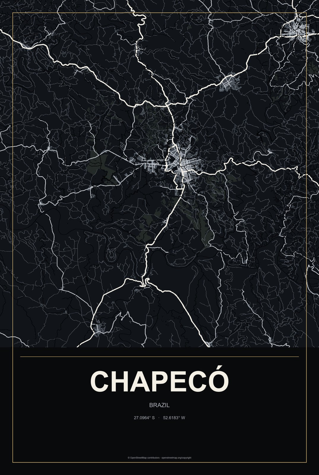 Chapecó, Brazil City Map Aluminum Sign in Metropolitan Noir style
