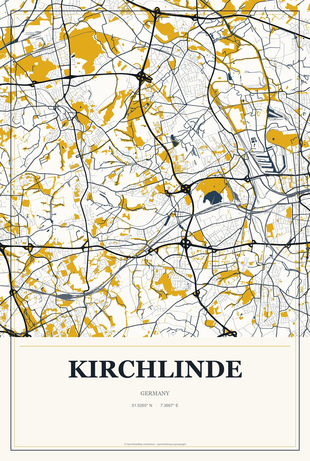 Kirchlinde, Germany City Map Aluminum Sign in Citrine Modern style