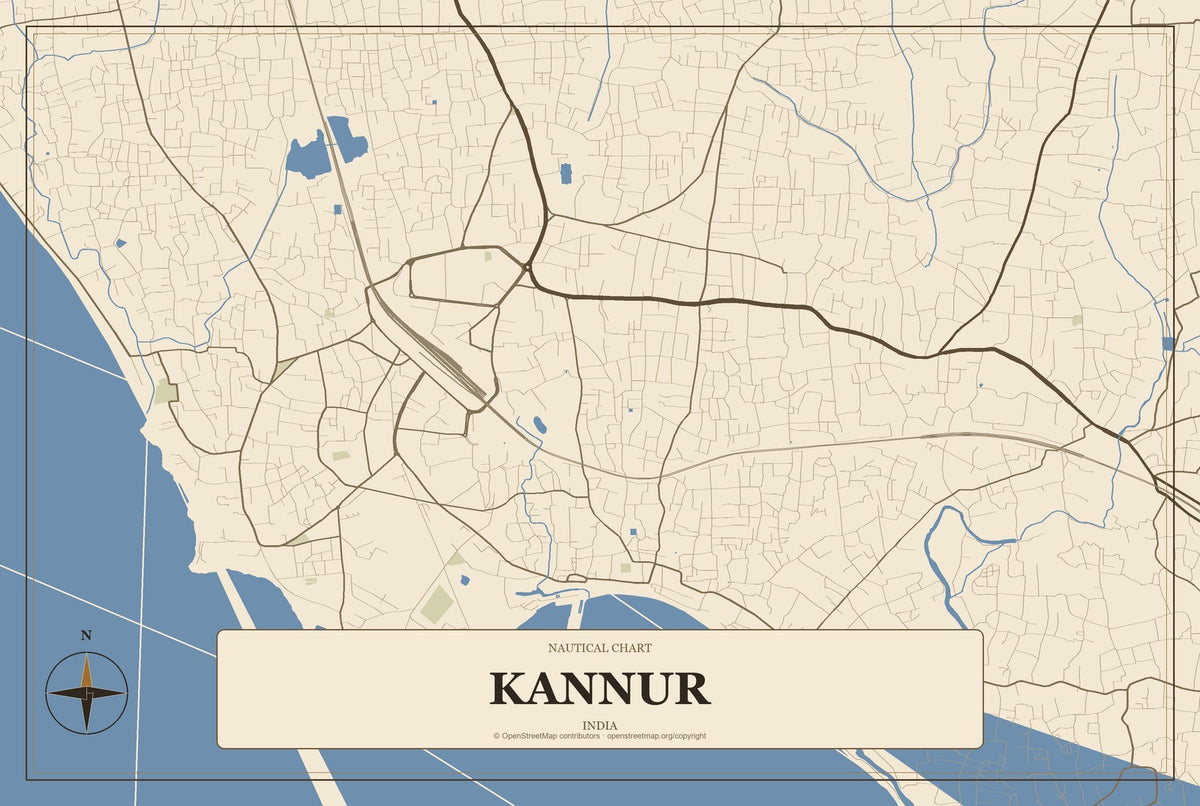Kannur, India City Map Aluminum Sign in Heritage Nautical style