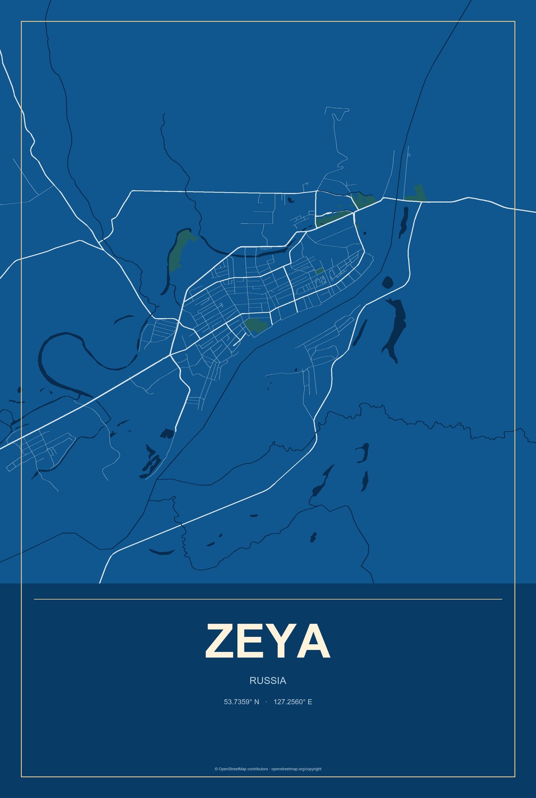 Zeya, Russia City Map Aluminum Sign in Harbor Cobalt style