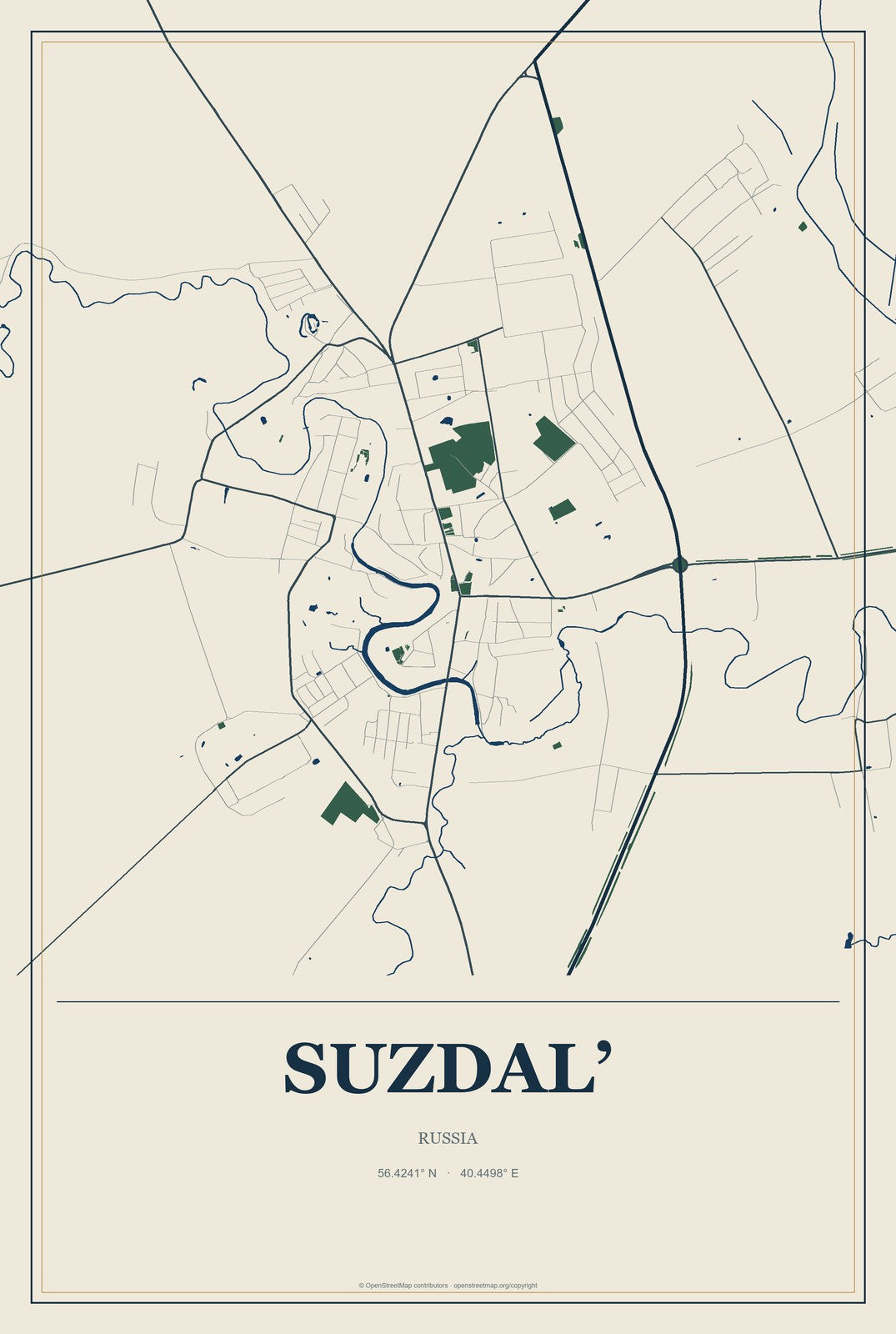 Suzdal’, Russia City Map Aluminum Sign in Coastal Cutout style