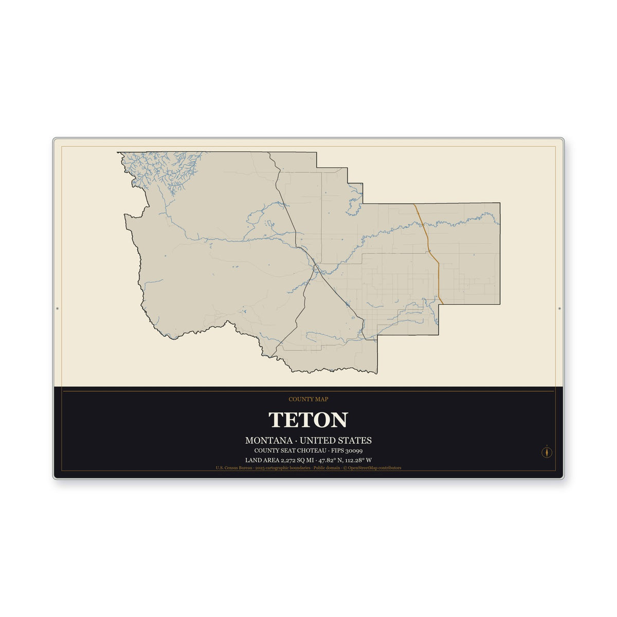 Teton County, Montana Map Aluminum Sign in Museum Plaque style