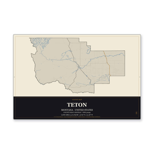 Teton County, Montana Map Aluminum Sign in Museum Plaque style