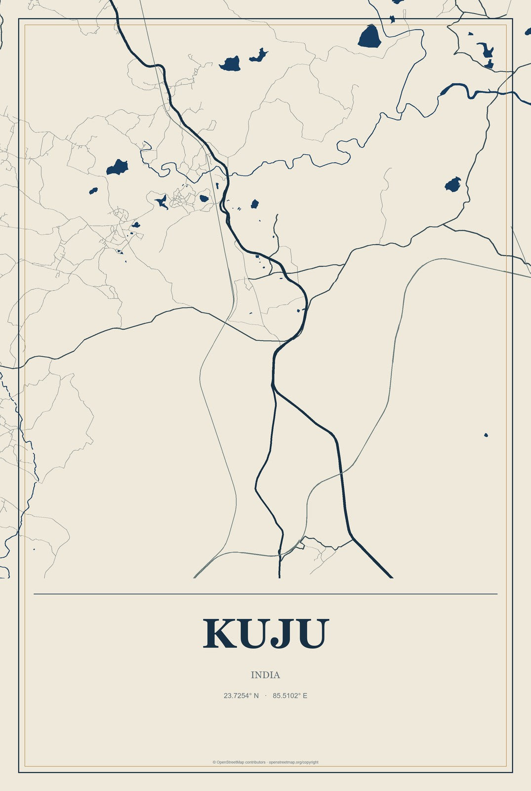Kuju, India City Map Aluminum Sign in Coastal Cutout style