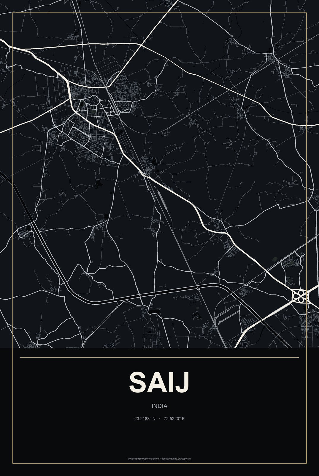 Saij, India City Map Aluminum Sign in Metropolitan Noir style