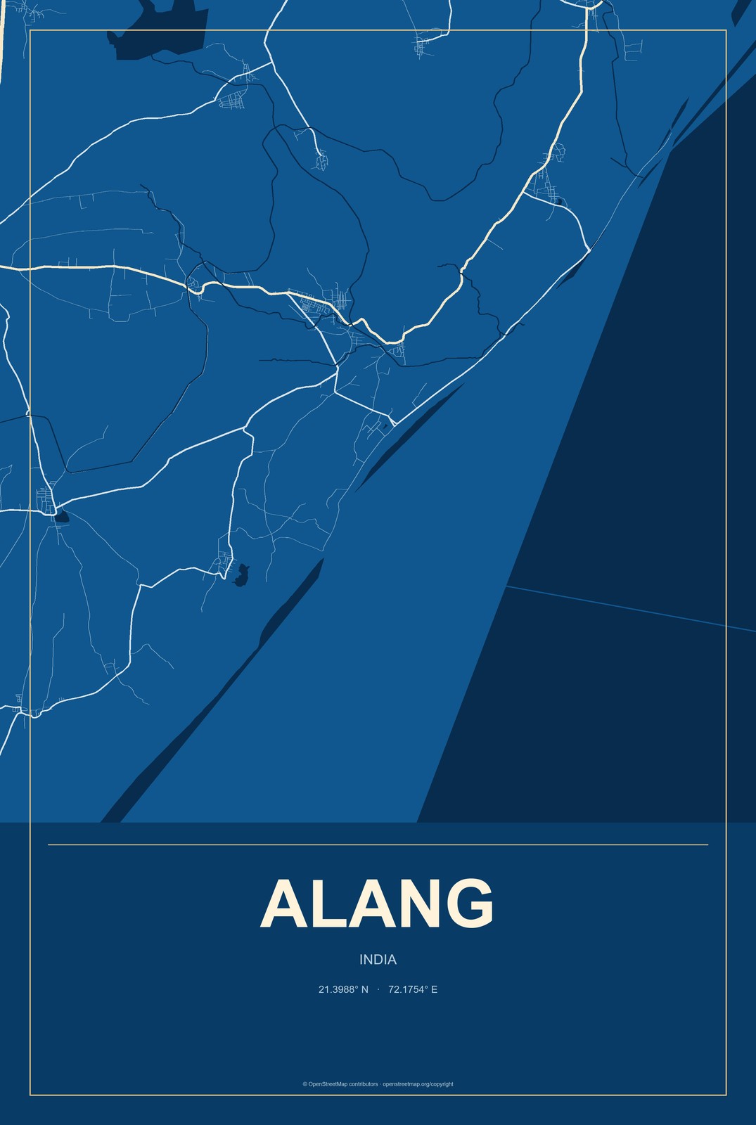 Alang, India City Map Aluminum Sign in Harbor Cobalt style