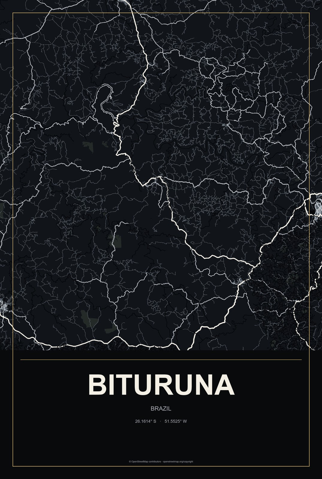 Bituruna, Brazil City Map Aluminum Sign in Metropolitan Noir style