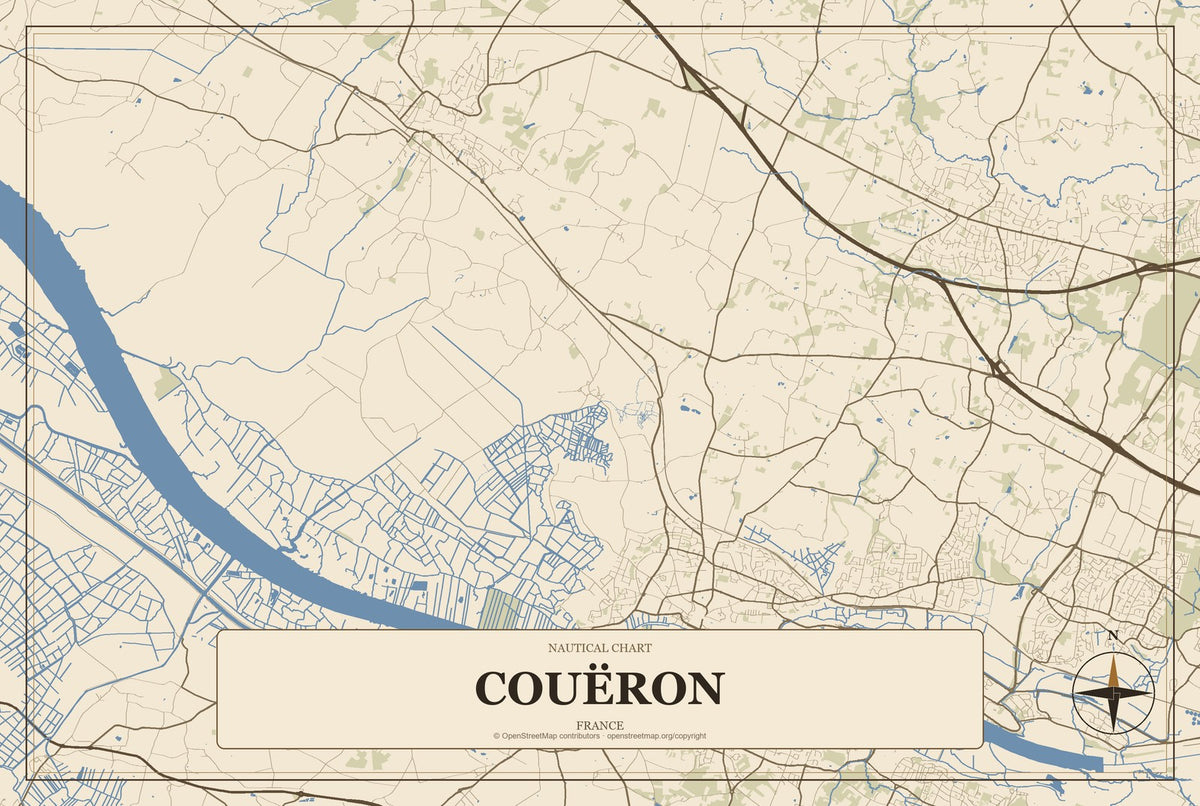 Couëron, France City Map Aluminum Sign in Heritage Nautical style