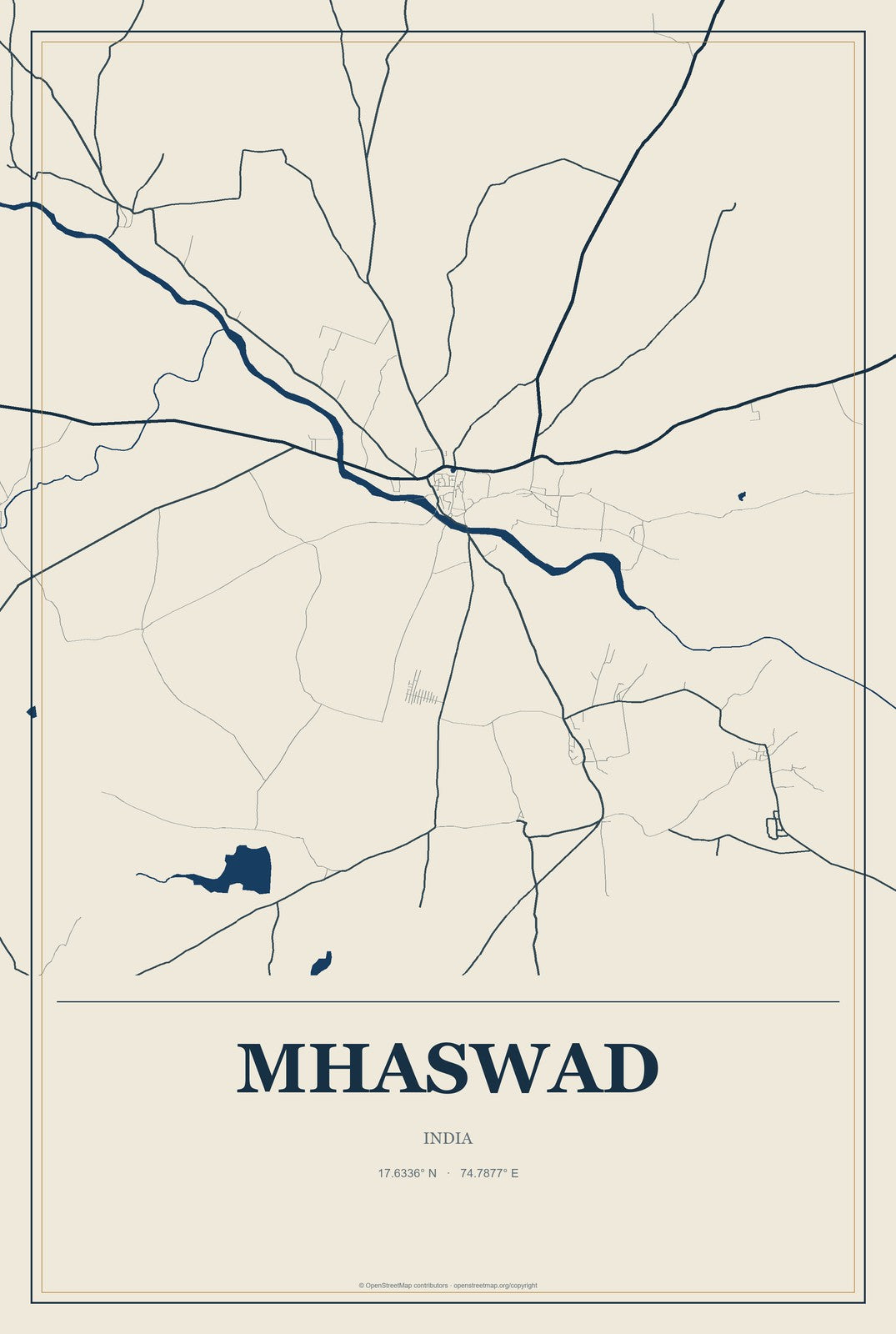 Mhaswad, India City Map Aluminum Sign in Coastal Cutout style