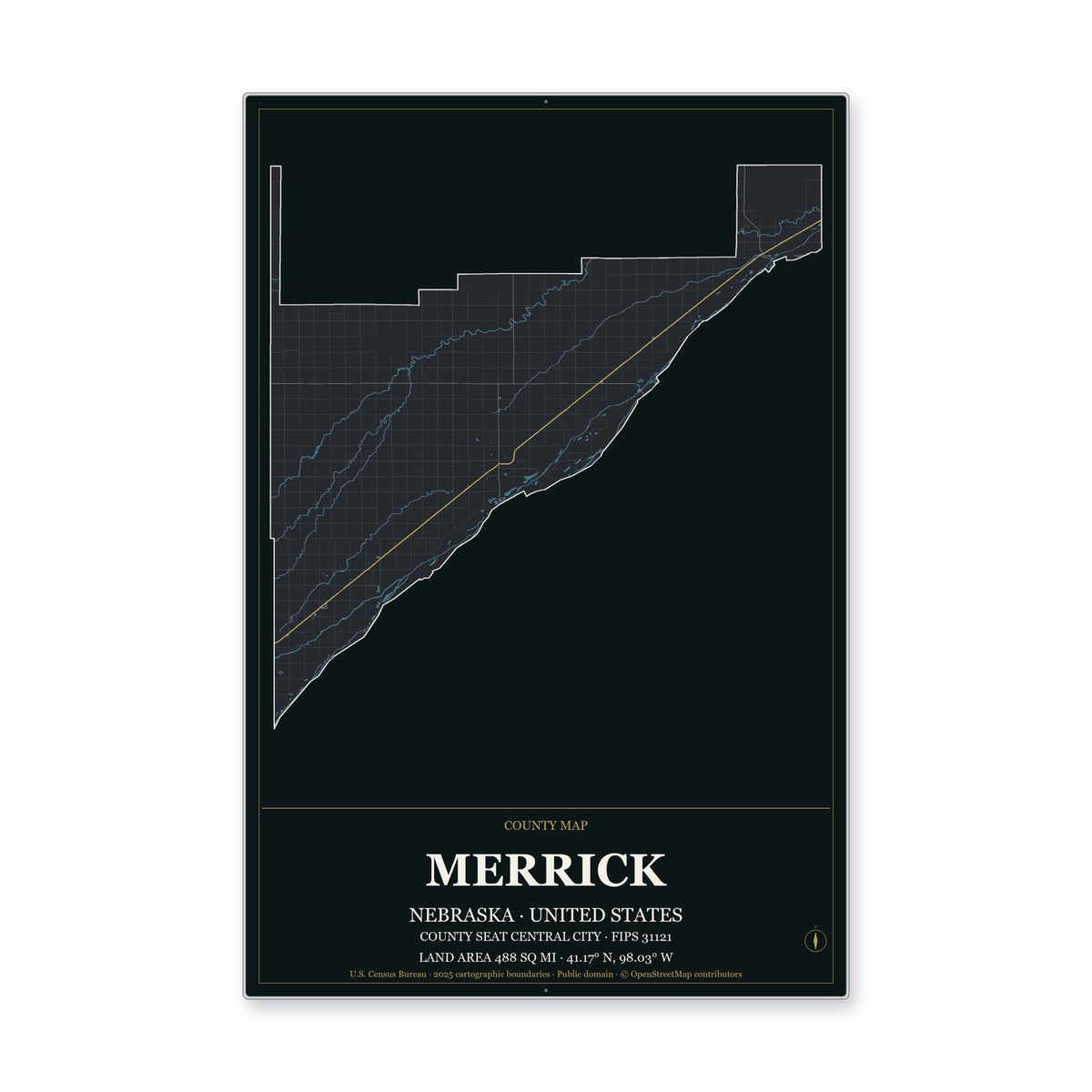 Merrick County, Nebraska Map Aluminum Sign in Metropolitan Noir style