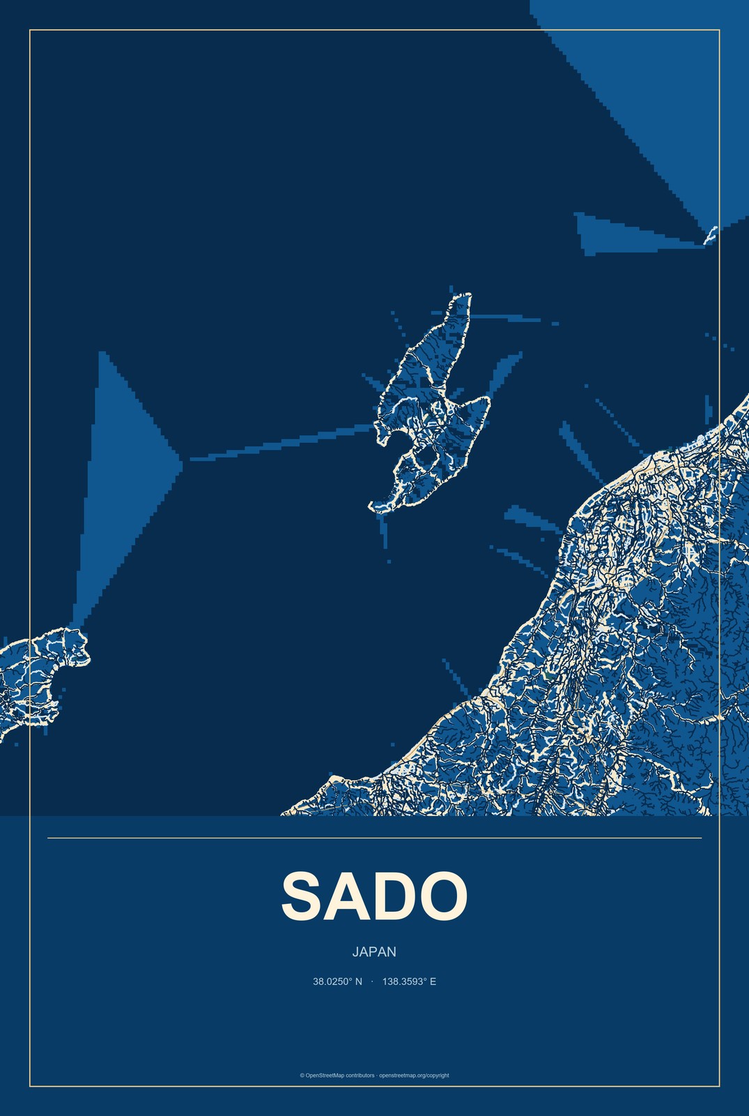 Sado, Japan City Map Aluminum Sign in Harbor Cobalt style