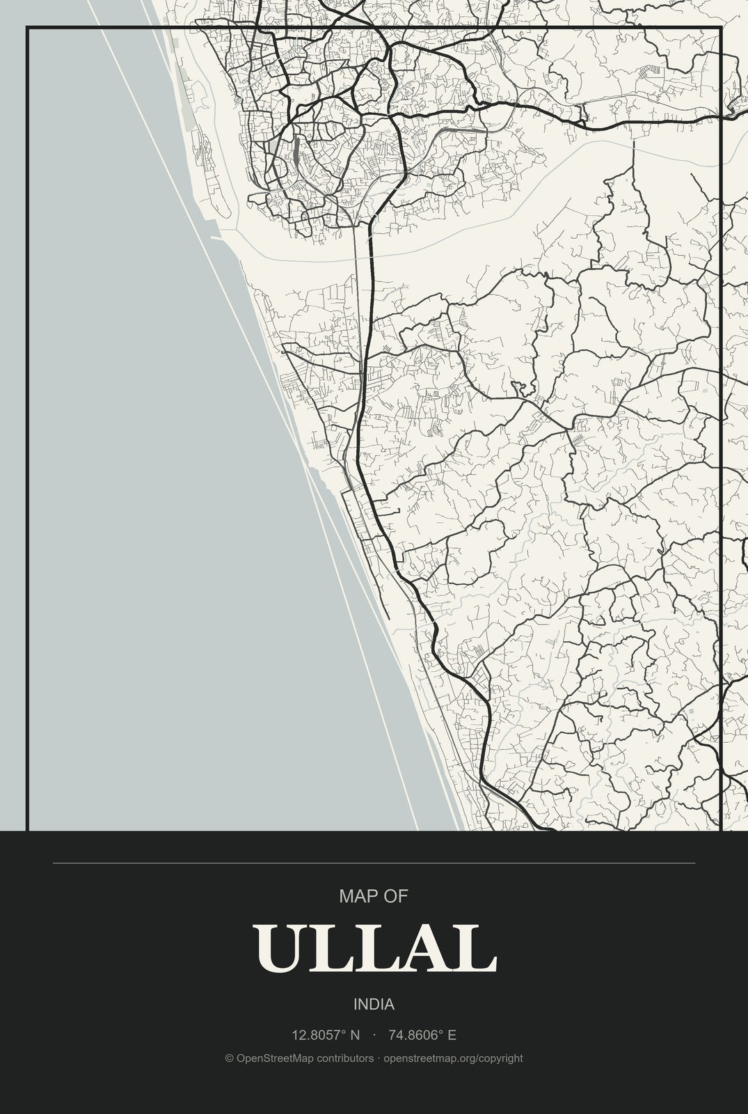 Ullal, India City Map Aluminum Sign in Museum Plaque style