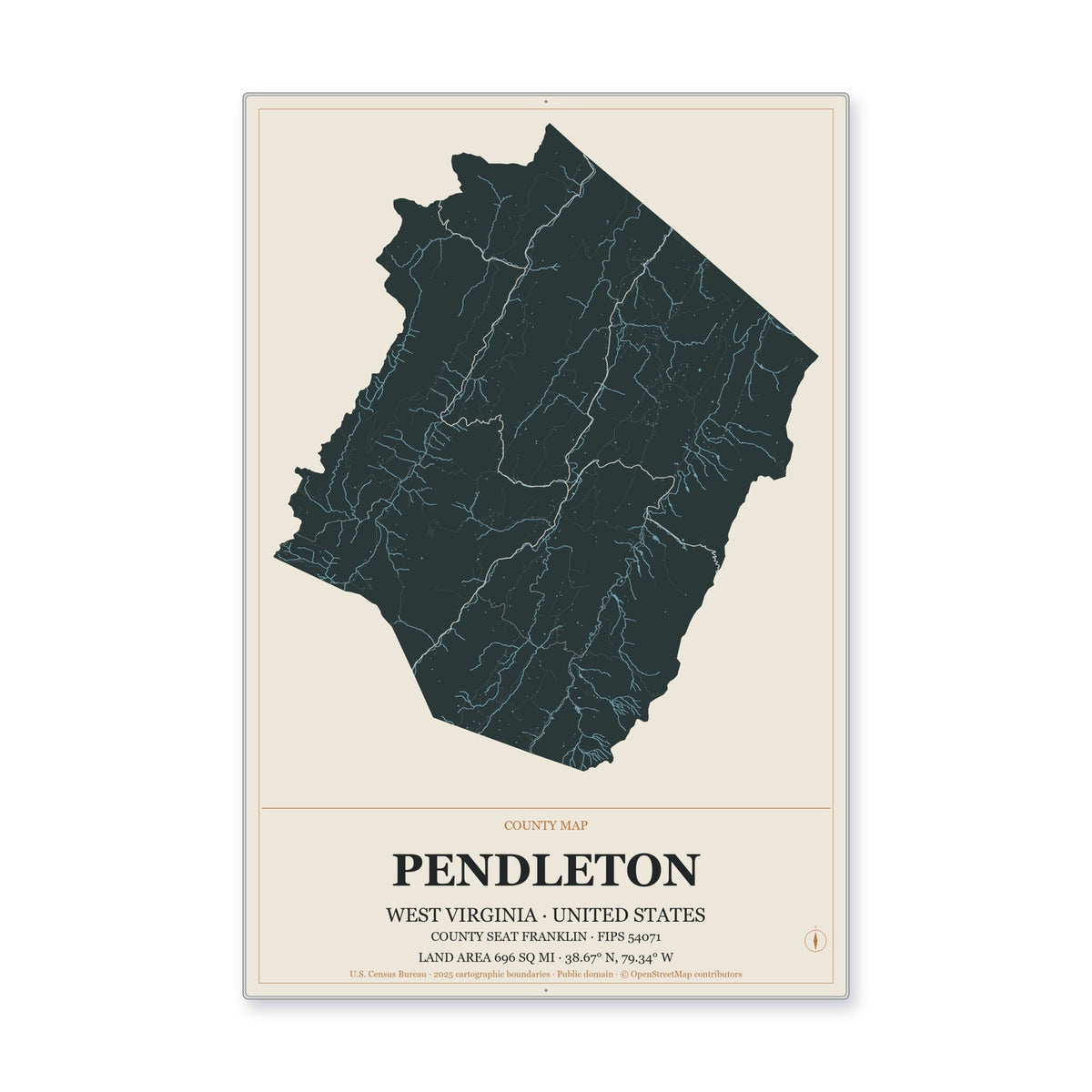 Pendleton County, West Virginia Map Aluminum Sign in Headline Atlas style