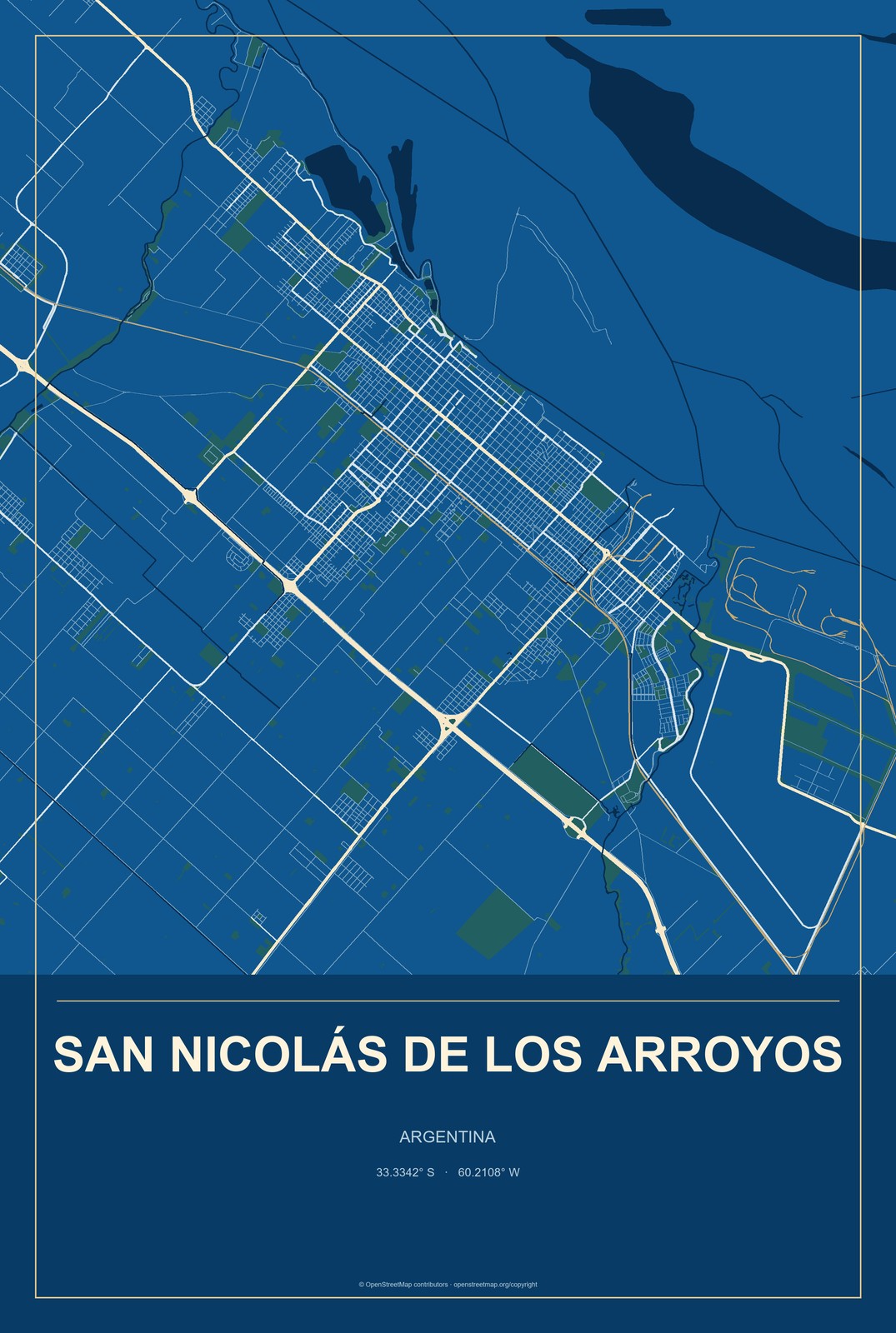 San Nicolás de los Arroyos, Argentina City Map Aluminum Sign in Harbor Cobalt style