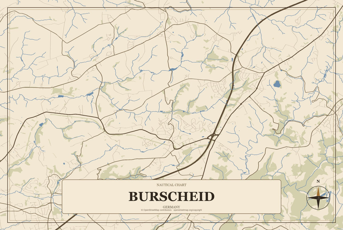 Burscheid, Germany City Map Aluminum Sign in Heritage Nautical style