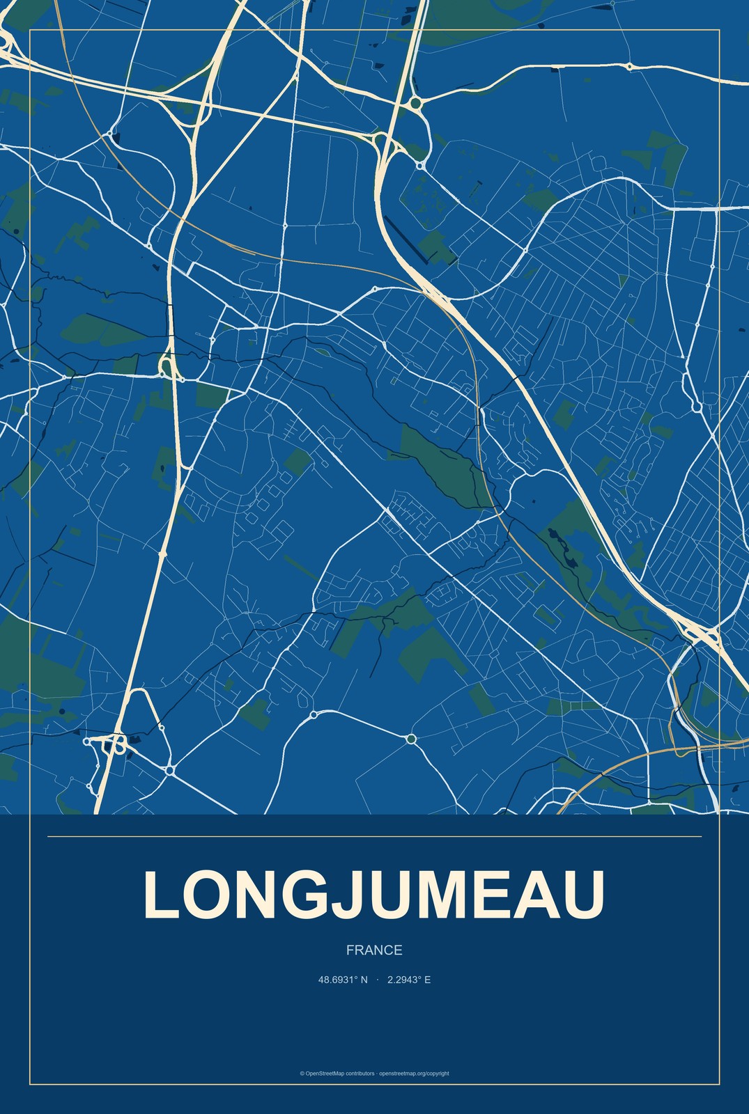 Longjumeau, France City Map Aluminum Sign in Harbor Cobalt style