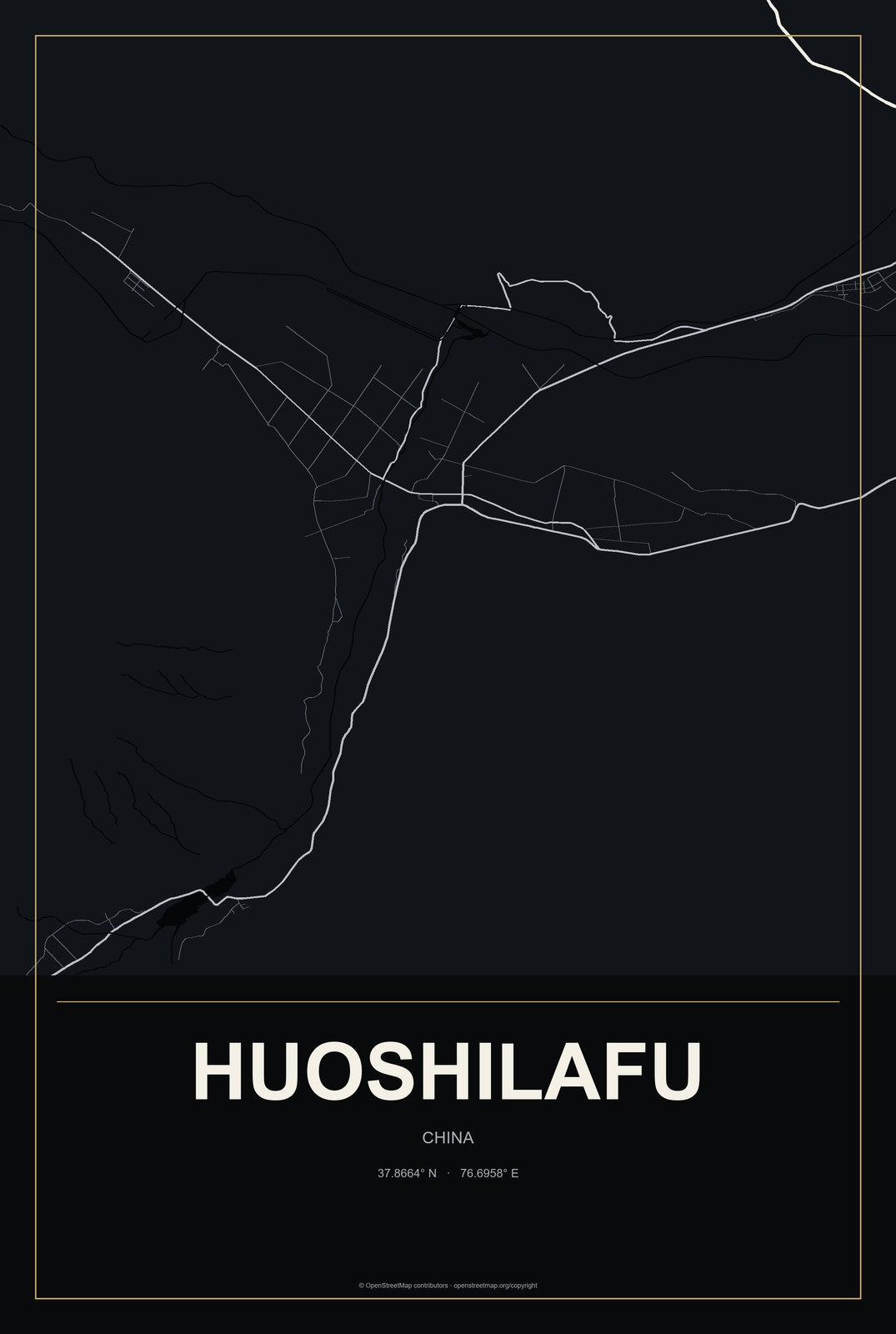 Huoshilafu, China City Map Aluminum Sign in Metropolitan Noir style