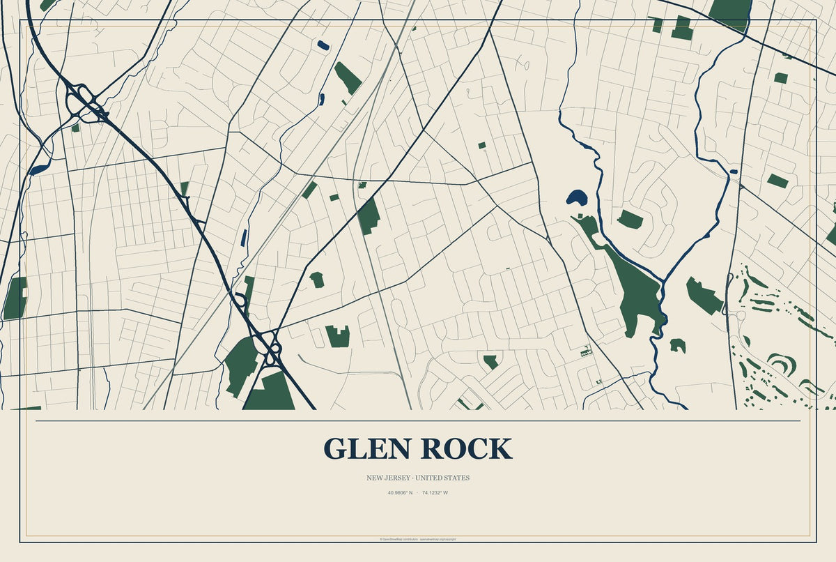 Glen Rock, New Jersey City Map Aluminum Sign in Coastal Cutout style