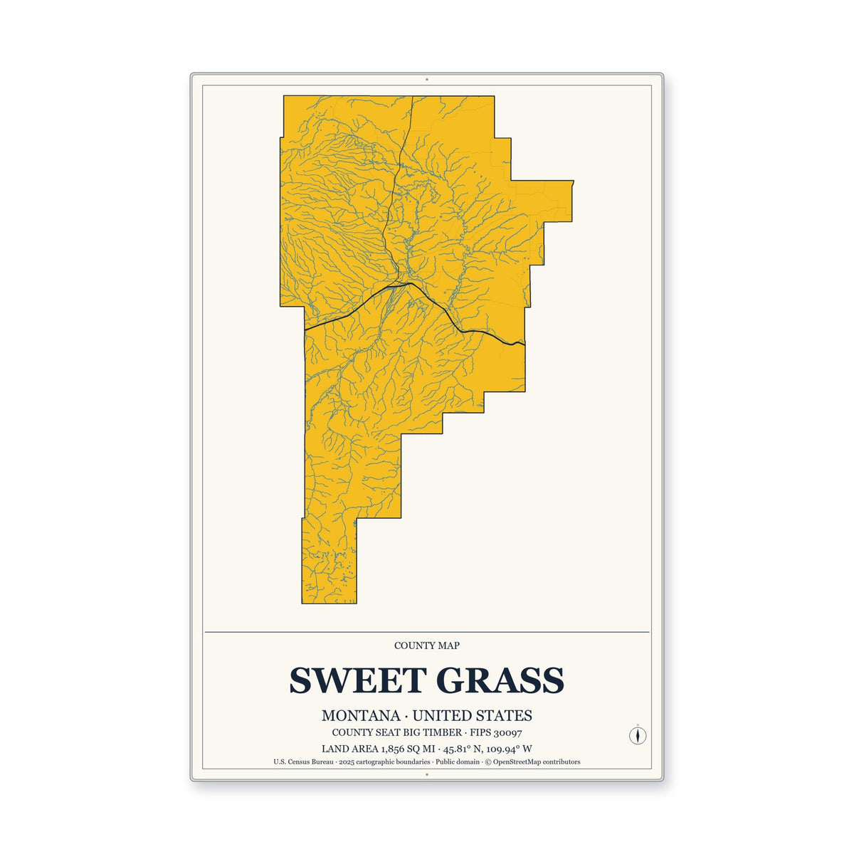Sweet Grass County, Montana Map Aluminum Sign in Citrine Modern style