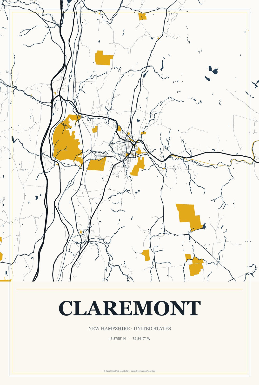 Claremont, New Hampshire City Map Aluminum Sign in Citrine Modern style
