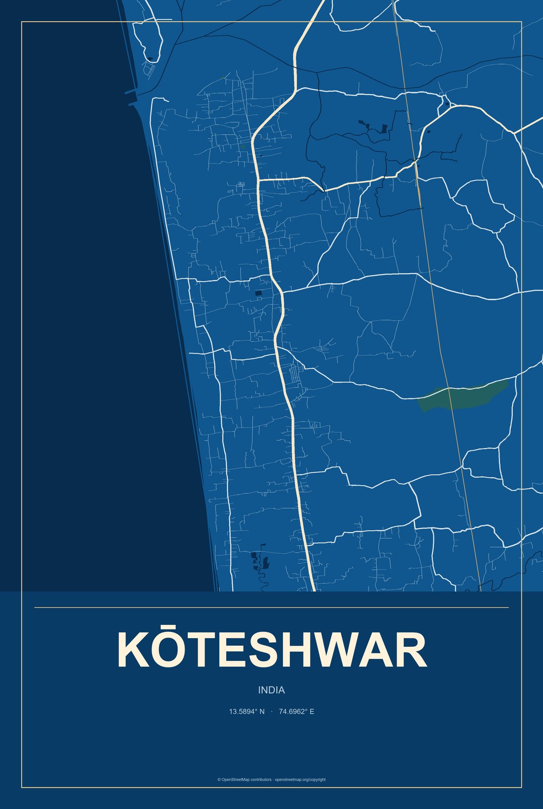 Kōteshwar, India City Map Aluminum Sign in Harbor Cobalt style