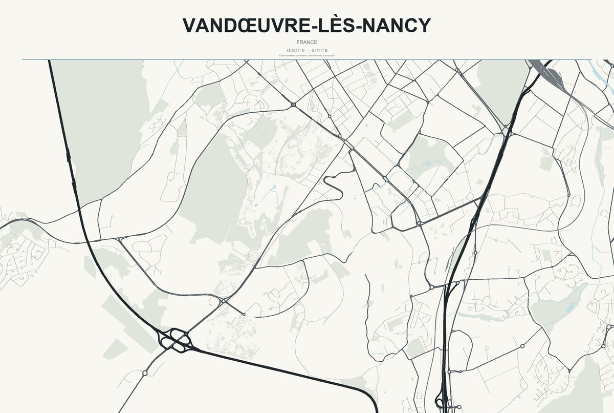 Vandœuvre-lès-Nancy, France City Map Aluminum Sign in Headline Atlas style
