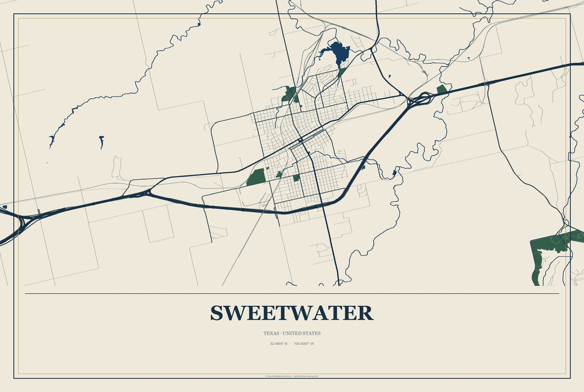 Sweetwater, Texas City Map Aluminum Sign in Coastal Cutout style