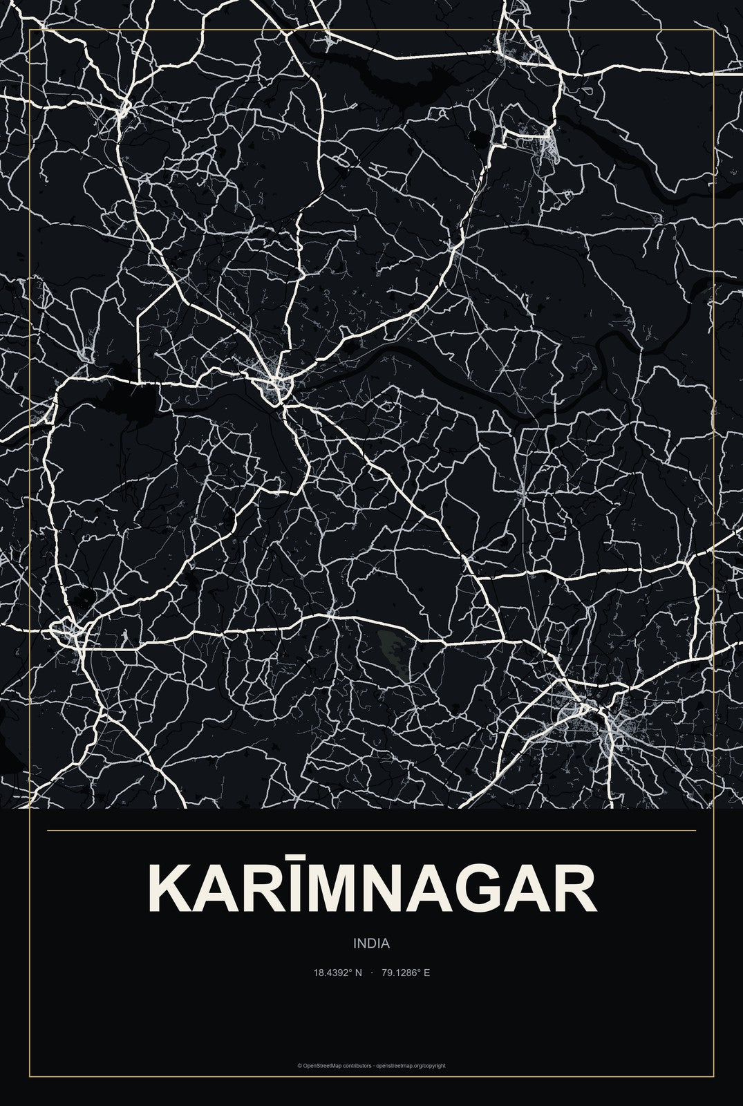 Karīmnagar, India City Map Aluminum Sign in Metropolitan Noir style