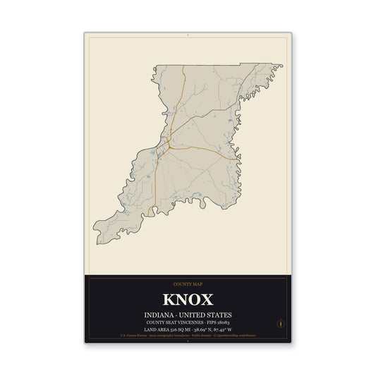 Knox County, Indiana Map Aluminum Sign in Museum Plaque style