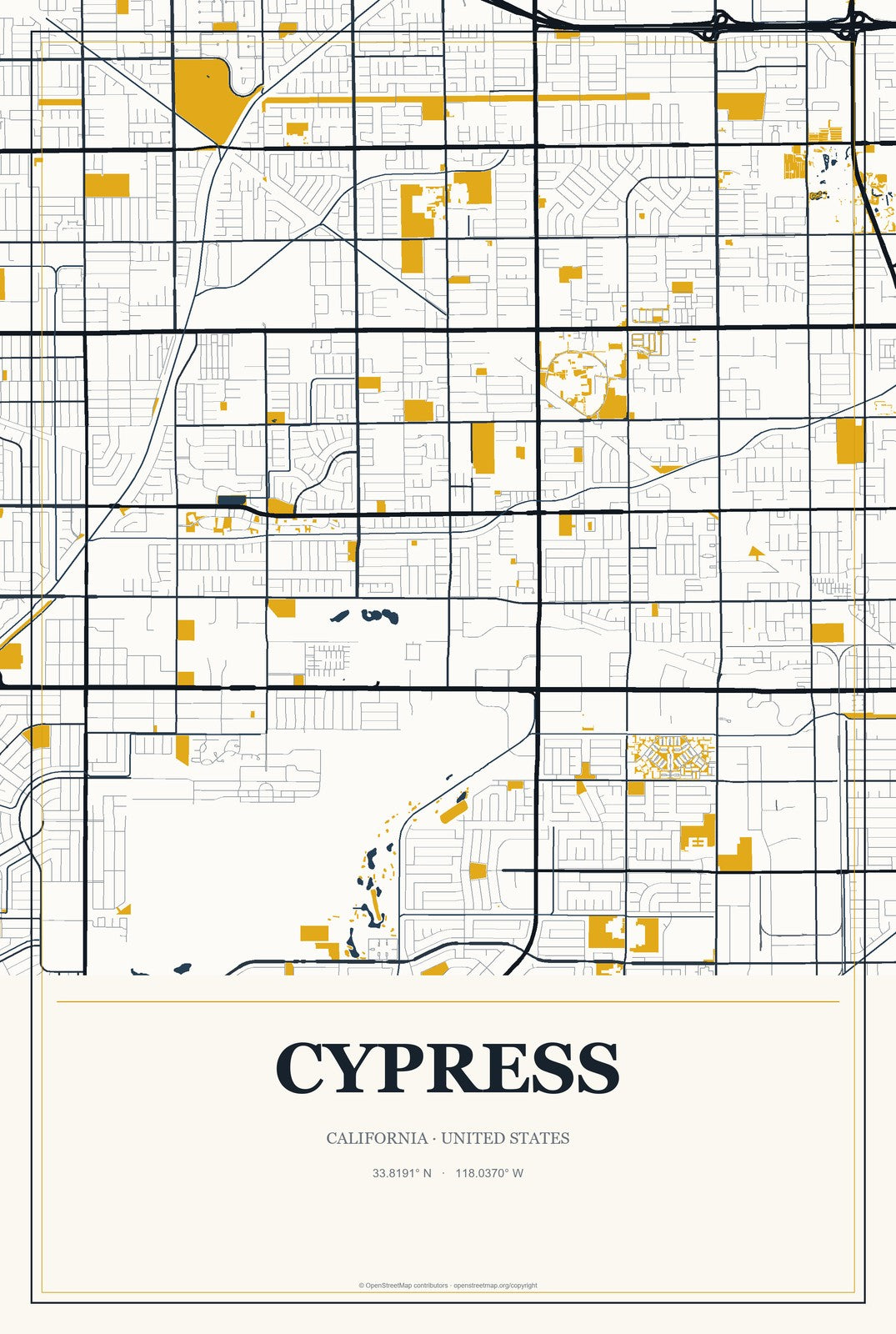 Cypress, California City Map Aluminum Sign in Citrine Modern style