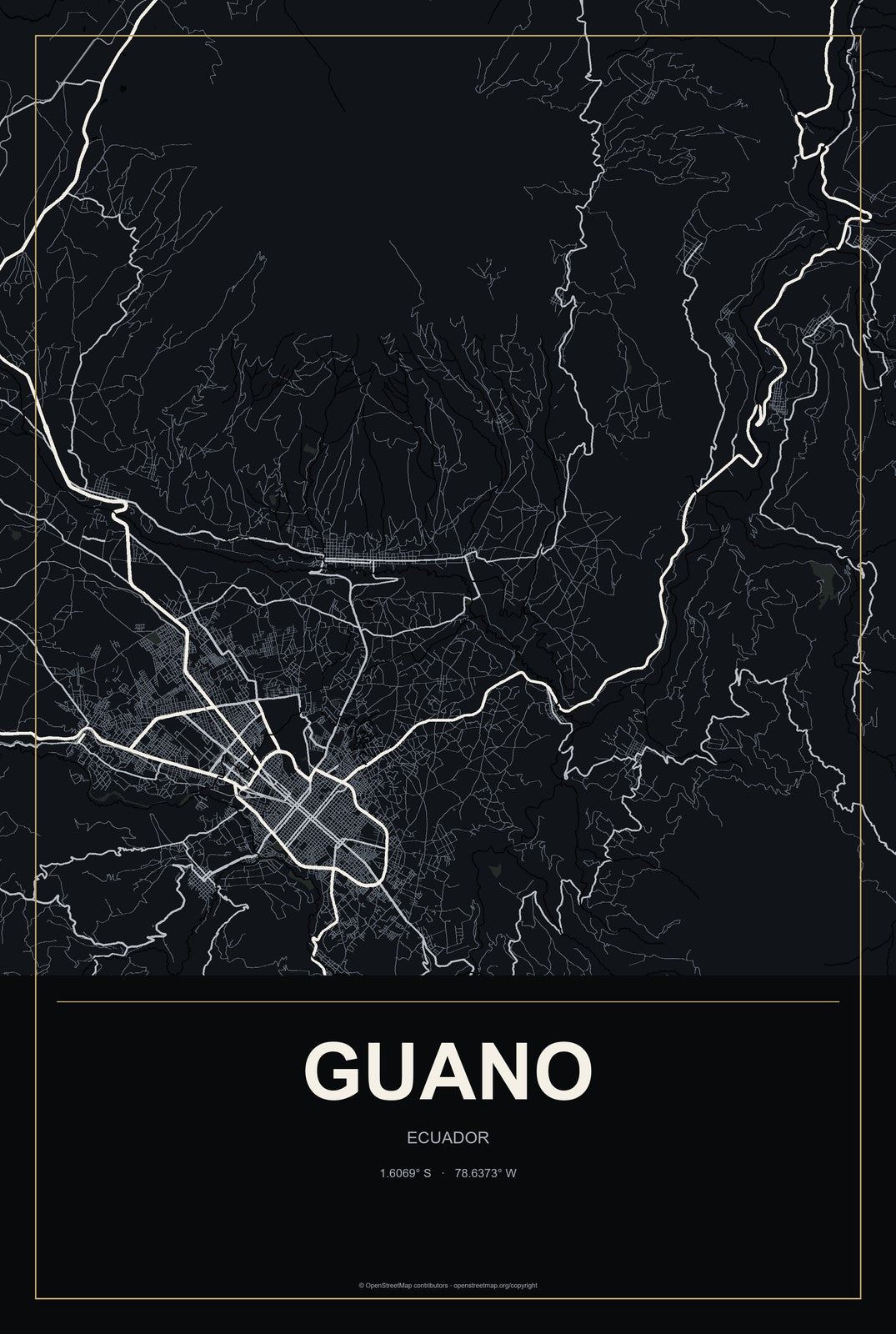 Guano, Ecuador City Map Aluminum Sign in Metropolitan Noir style