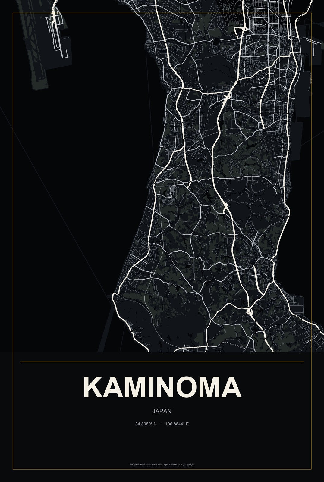 Kaminoma, Japan City Map Aluminum Sign in Metropolitan Noir style