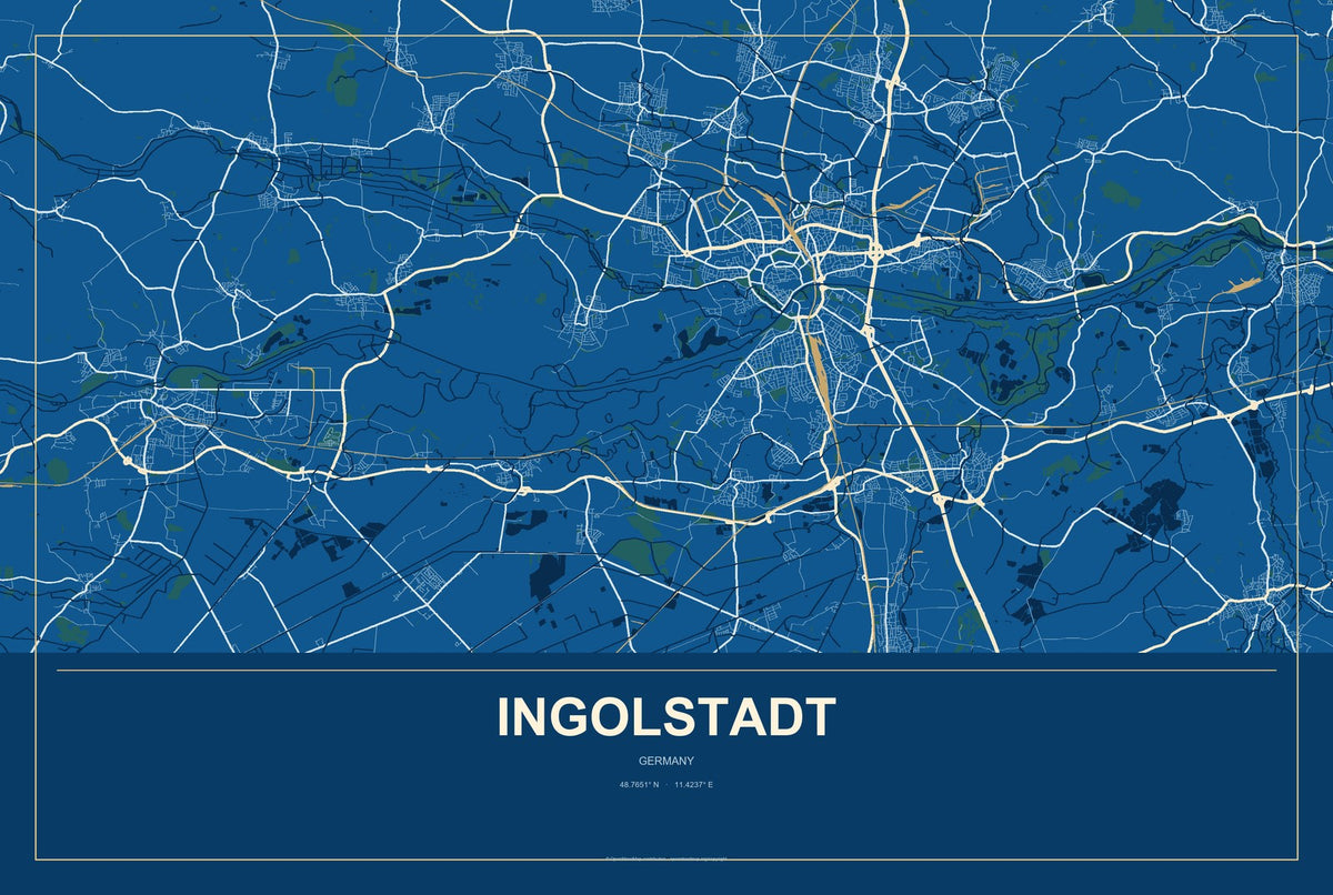 Ingolstadt, Germany City Map Aluminum Sign in Harbor Cobalt style