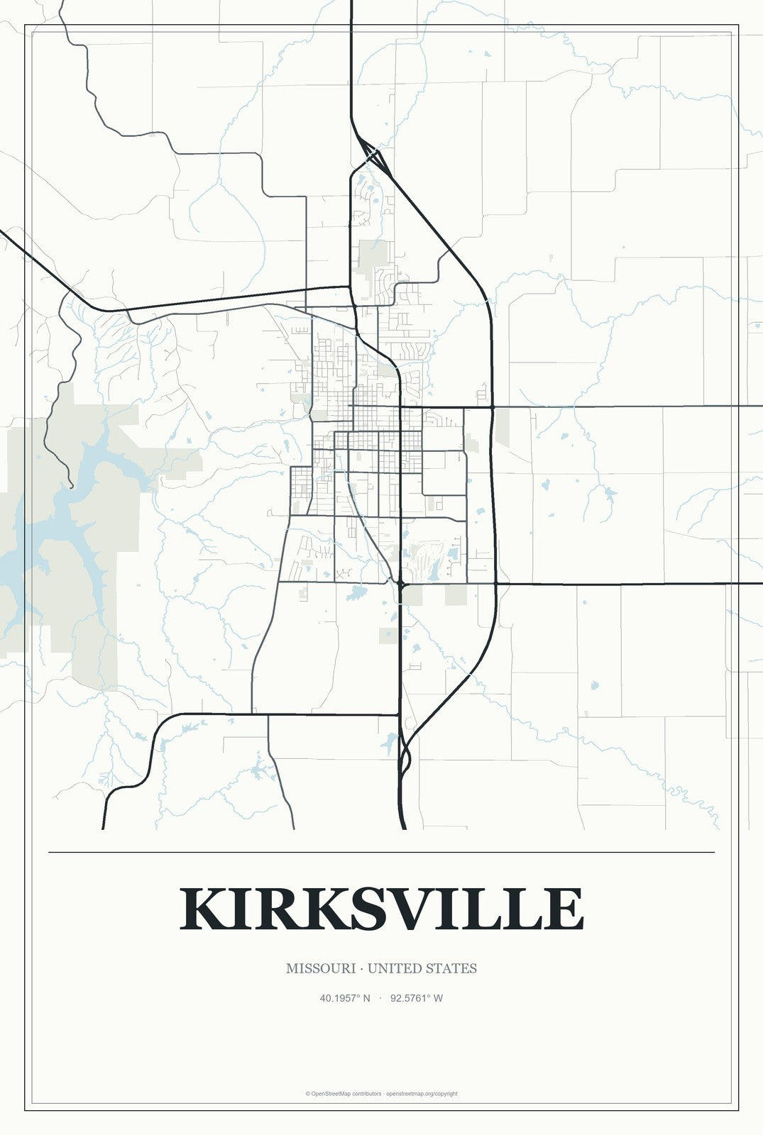 Kirksville, Missouri City Map Aluminum Sign in Gallery Air style