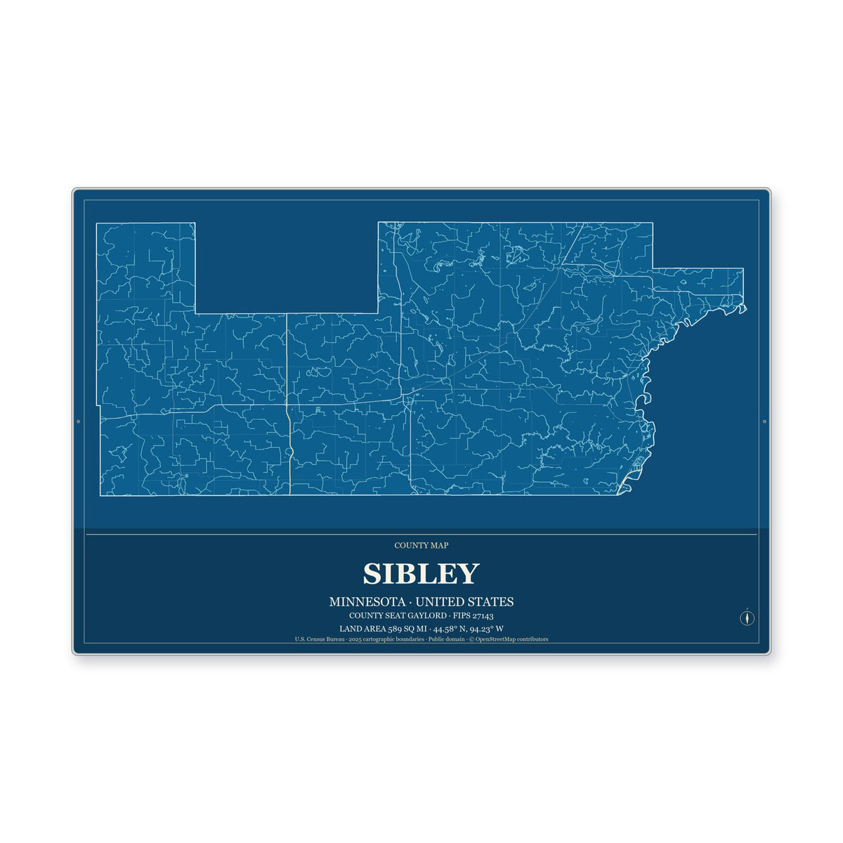 Sibley County, Minnesota Map Aluminum Sign in Harbor Cobalt style