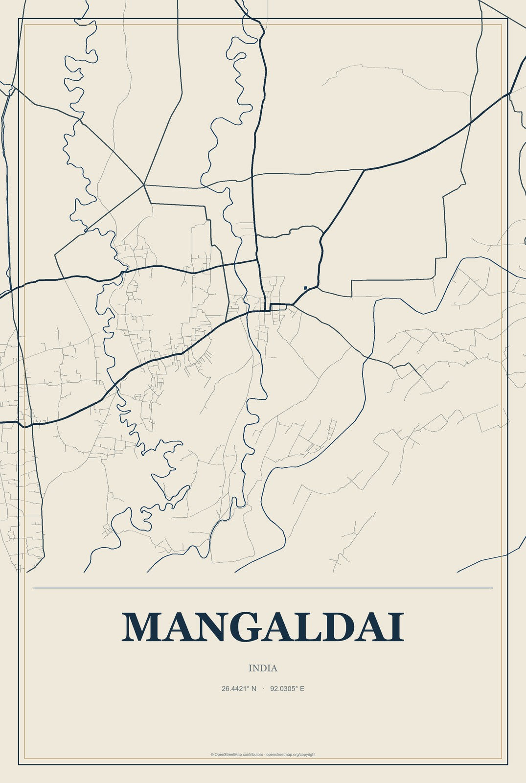 Mangaldai, India City Map Aluminum Sign in Coastal Cutout style