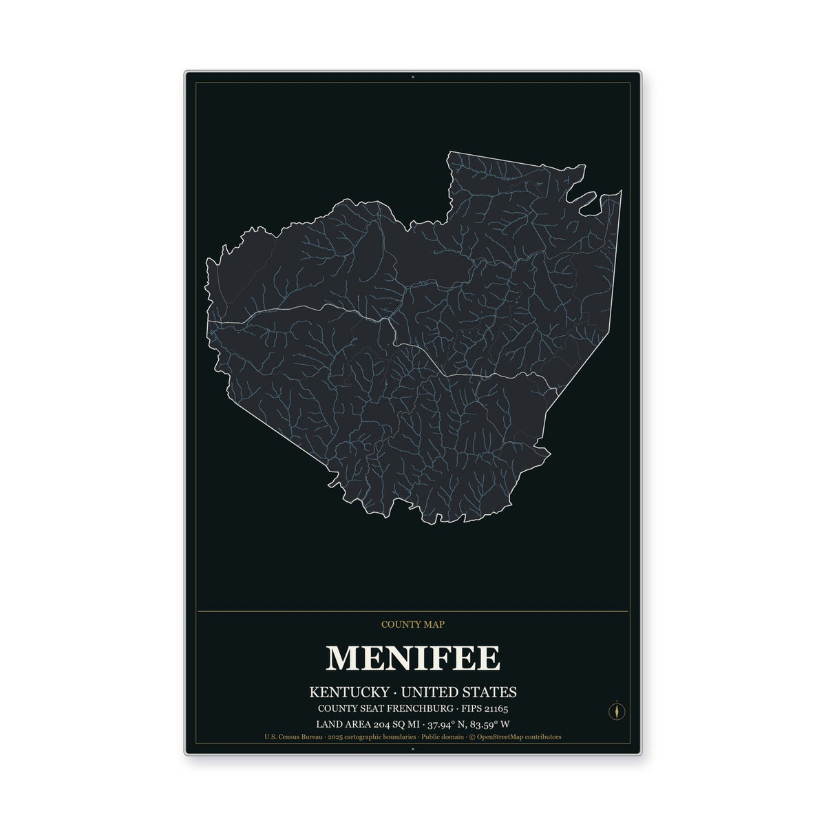 Menifee County, Kentucky Map Aluminum Sign in Metropolitan Noir style